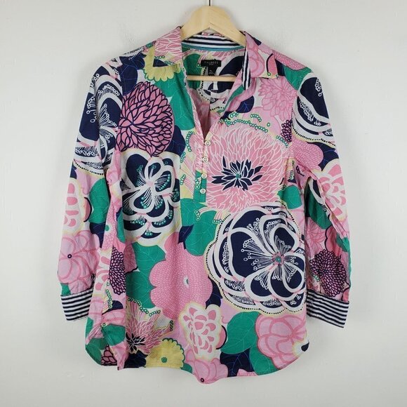 Talbots Medium Petite Pink Blue Tropical floral Popover Blouse Collared long Sle - Picture 9 of 9